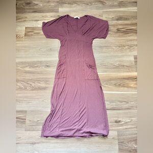 Baltic Born Sz S Pink Maxi Dress V Neck Short Sleeve Bump Friendly w Pockets